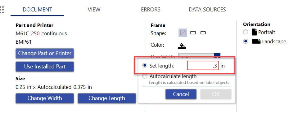 Unable to Set Continuous Label Length Below 10mm or .375
