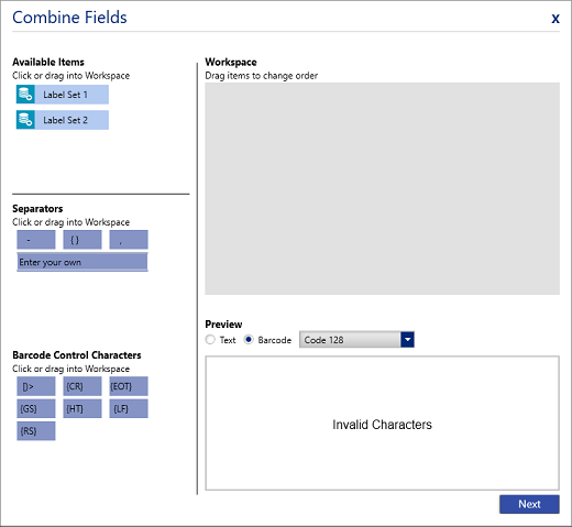 Advanced import_Combine Fields_Barcode properties